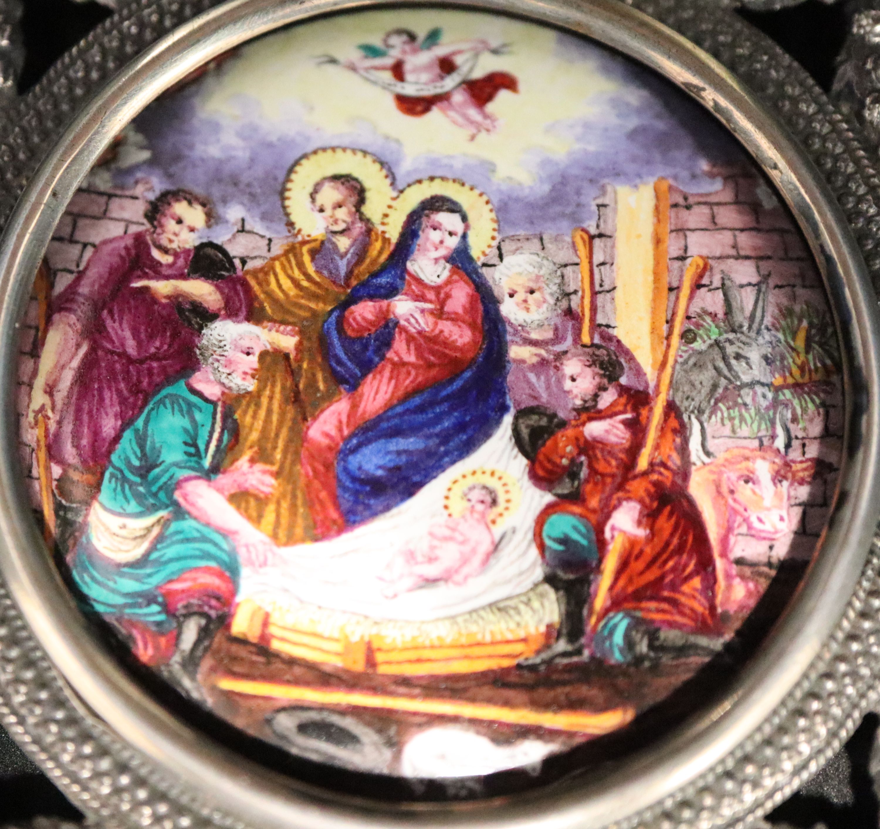 A mid 19th century Austro-Hungarian silver framed enamel plaque, plaque 4cm diameter, frame 8.5cm diameter